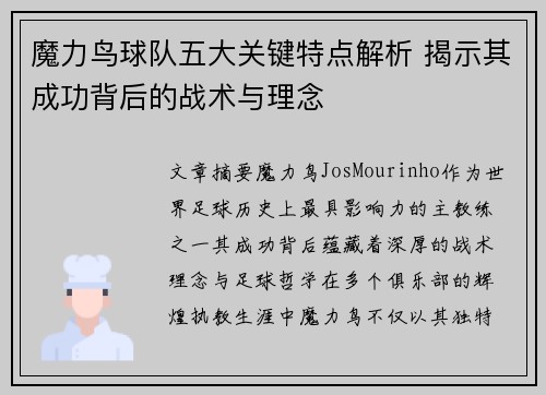 魔力鸟球队五大关键特点解析 揭示其成功背后的战术与理念